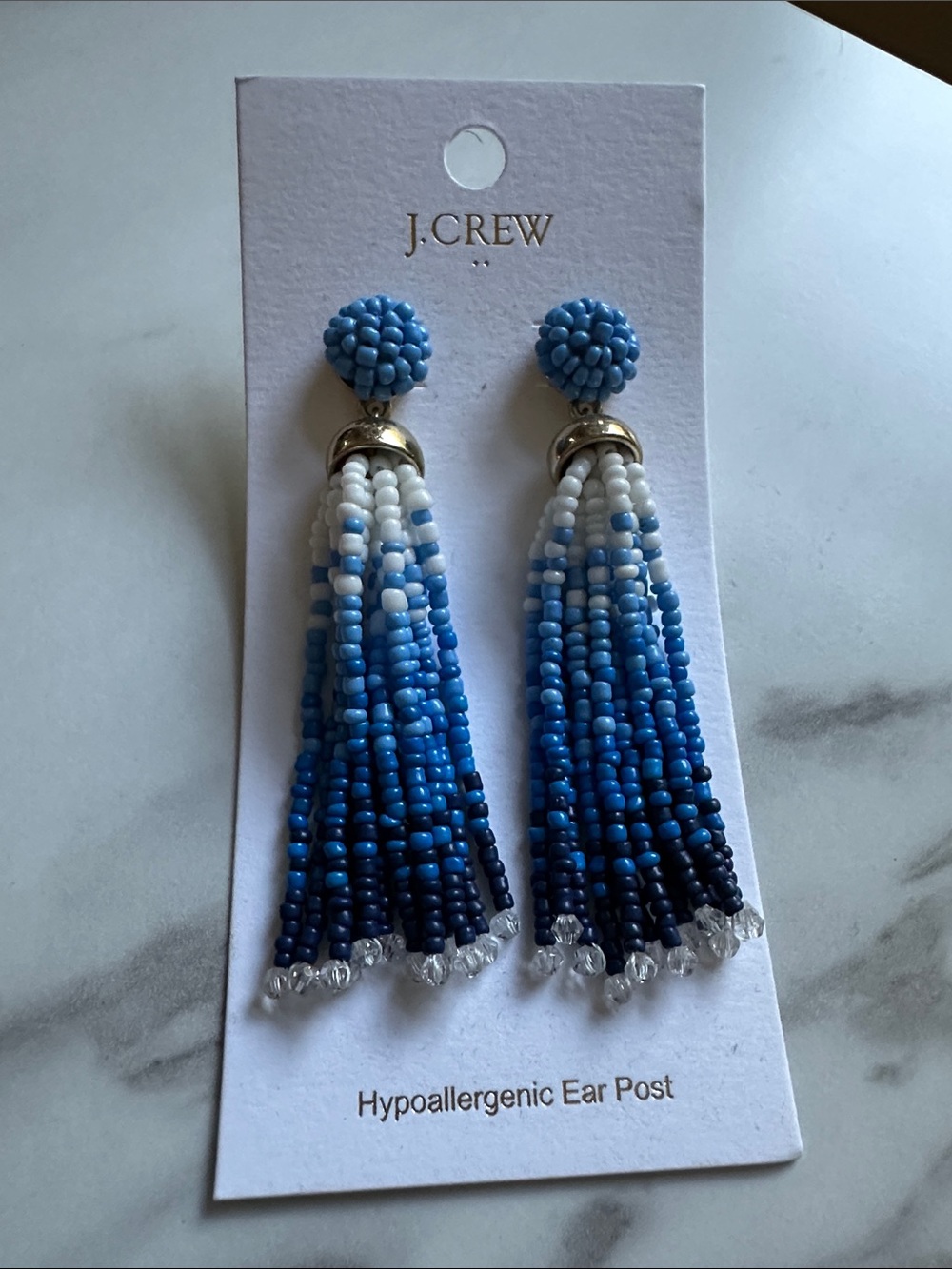 J. Crew Blue Ombre Beaded Tassel Earrings with Gold Accents